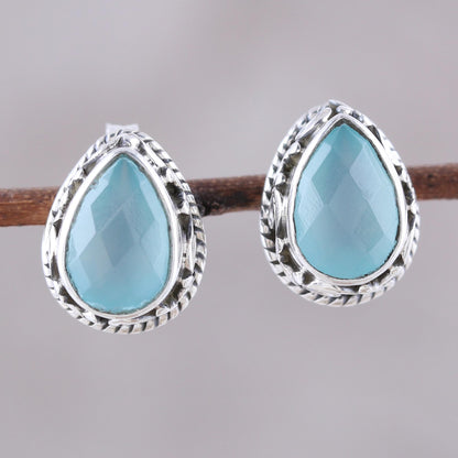 Sky Mist Sky Blue Chalcedony Teardrop Stud Earrings from India