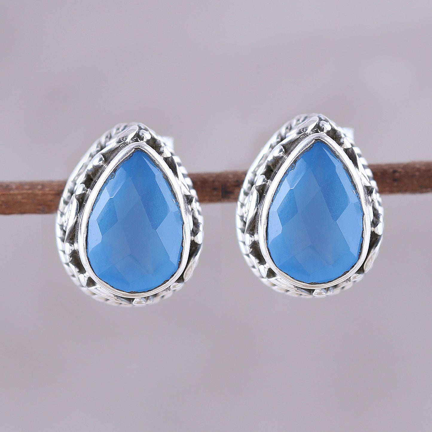 Blue Mist Blue Chalcedony Teardrop Stud Earrings from India