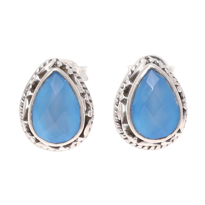 Blue Mist Blue Chalcedony Teardrop Stud Earrings from India