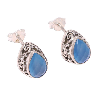 Blue Mist Blue Chalcedony Teardrop Stud Earrings from India