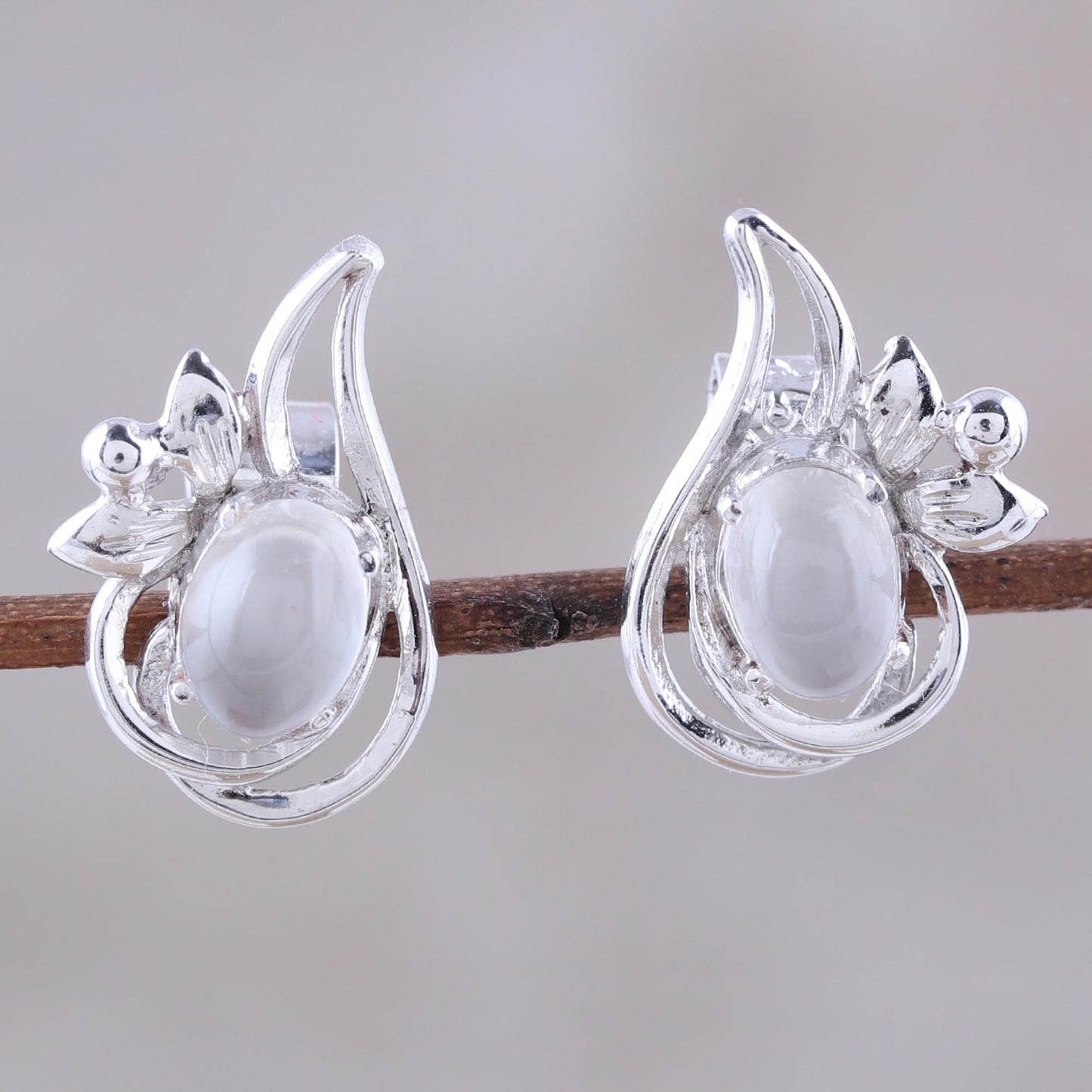 Classic Paisley Rhodium Plated Moonstone Paisley Button Earrings from India