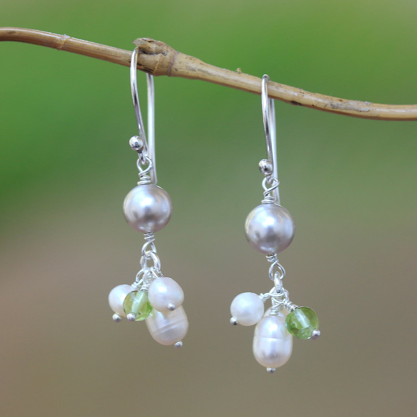 Snow Drops Cultured Pearl and Peridot Cluster Dangle Earrings from Bali