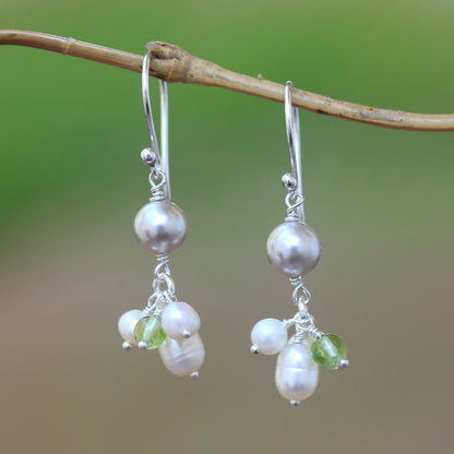 Snow Drops Cultured Pearl and Peridot Cluster Dangle Earrings from Bali