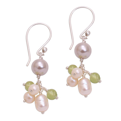 Snow Drops Cultured Pearl and Peridot Cluster Dangle Earrings from Bali