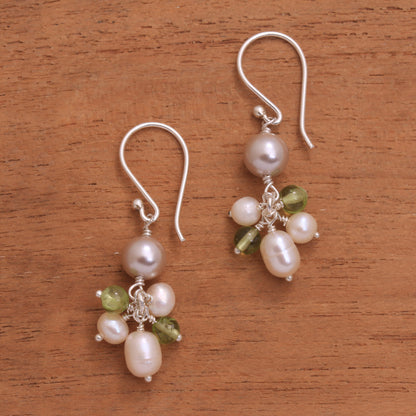 Snow Drops Cultured Pearl and Peridot Cluster Dangle Earrings from Bali