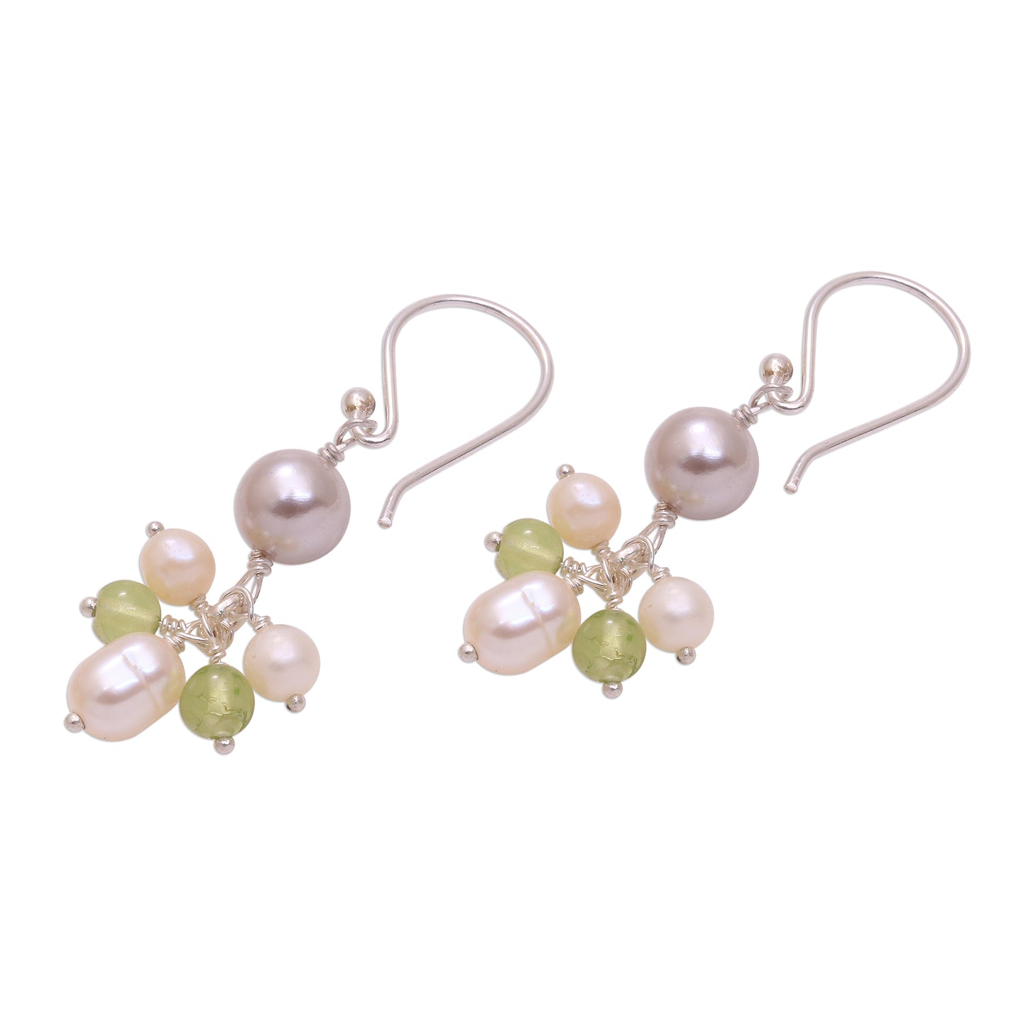 Snow Drops Cultured Pearl and Peridot Cluster Dangle Earrings from Bali