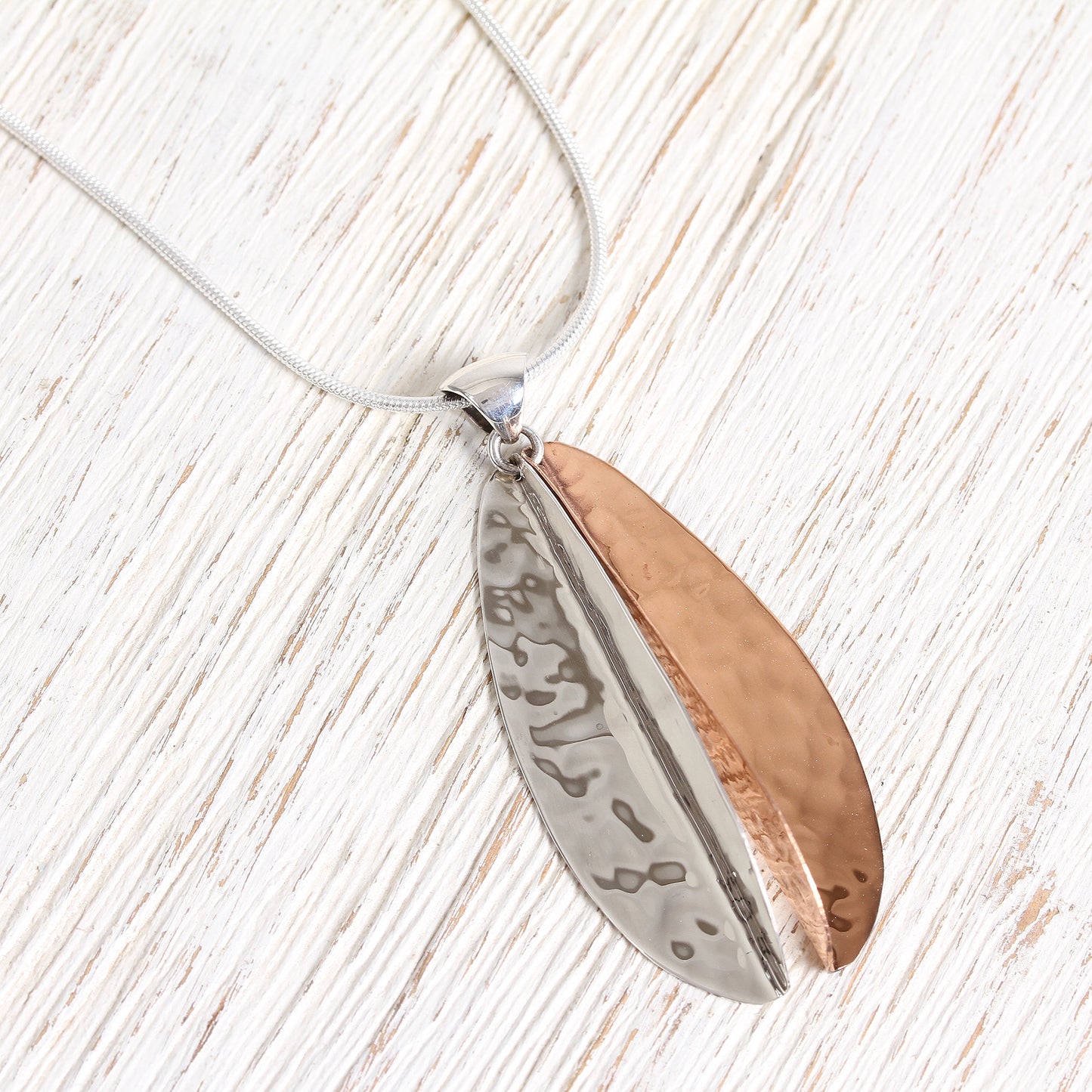 Rippling Leaf Leaf-Shaped Sterling Silver and Copper Pendant Necklace