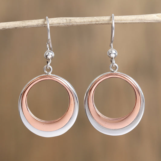 Eclipsed Circle Circular Sterling Silver and Copper Dangle Earrings