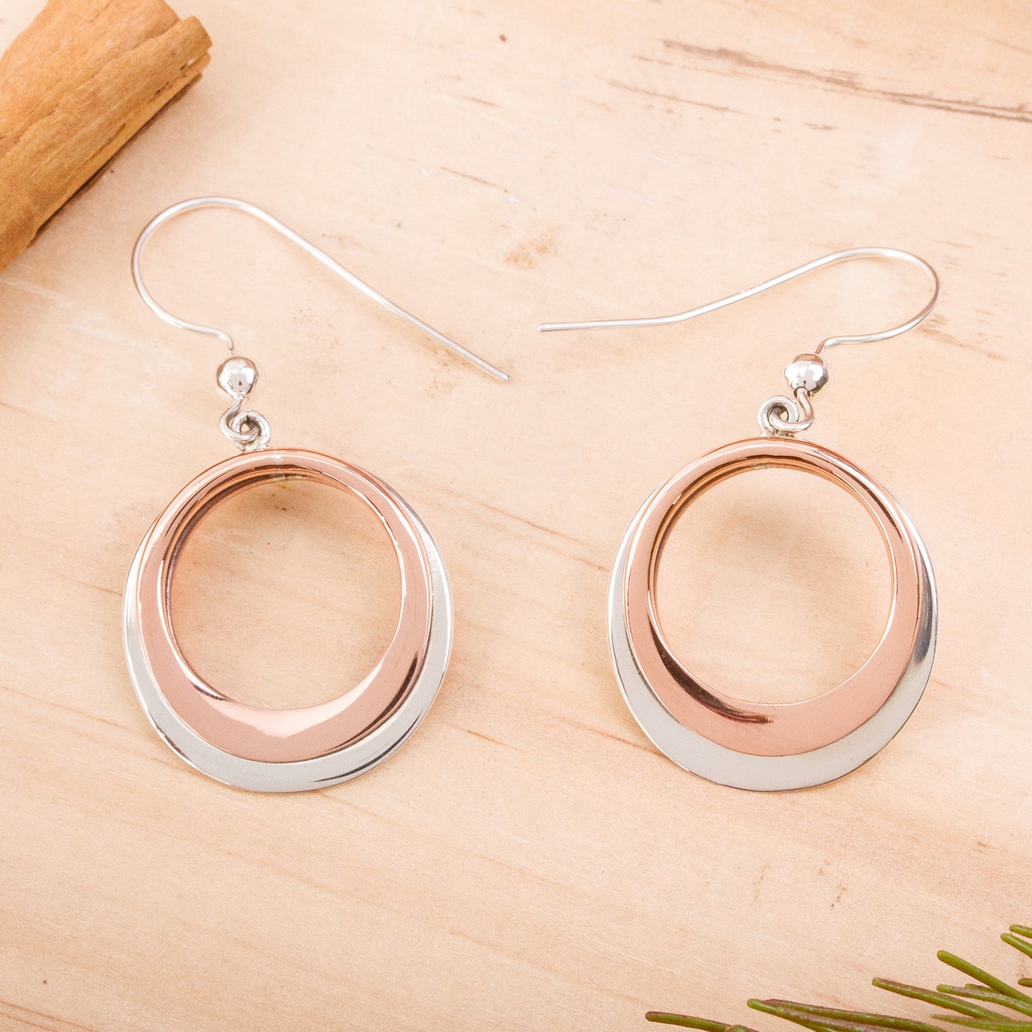 Eclipsed Circle Circular Sterling Silver and Copper Dangle Earrings