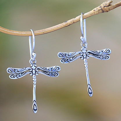 Elegance of the Dragonflies Handcrafted Sterling Silver Dragonfly Wings Dangle Earrings