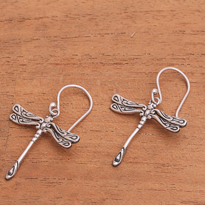 Elegance of the Dragonflies Handcrafted Sterling Silver Dragonfly Wings Dangle Earrings