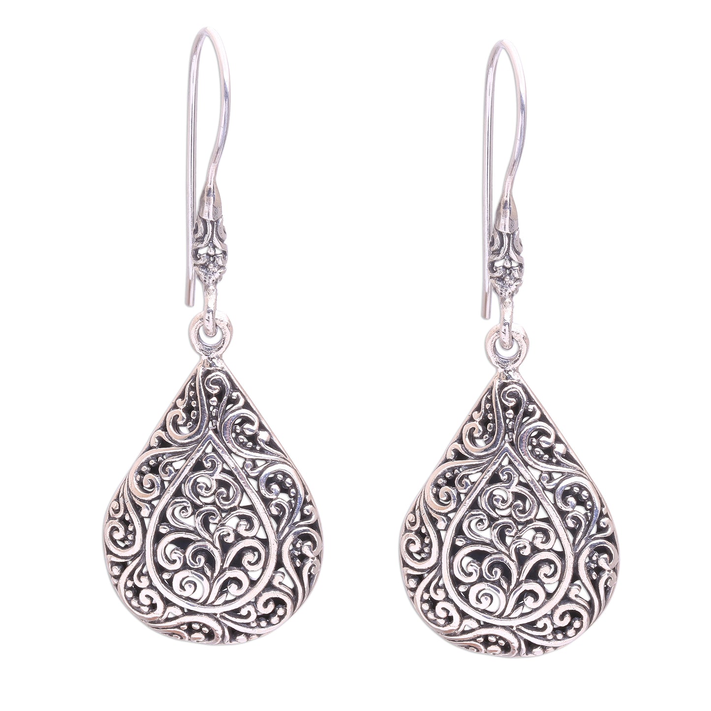 Rain Blossoms Sterling Silver Scroll Work Raindrop Dangle Earrings