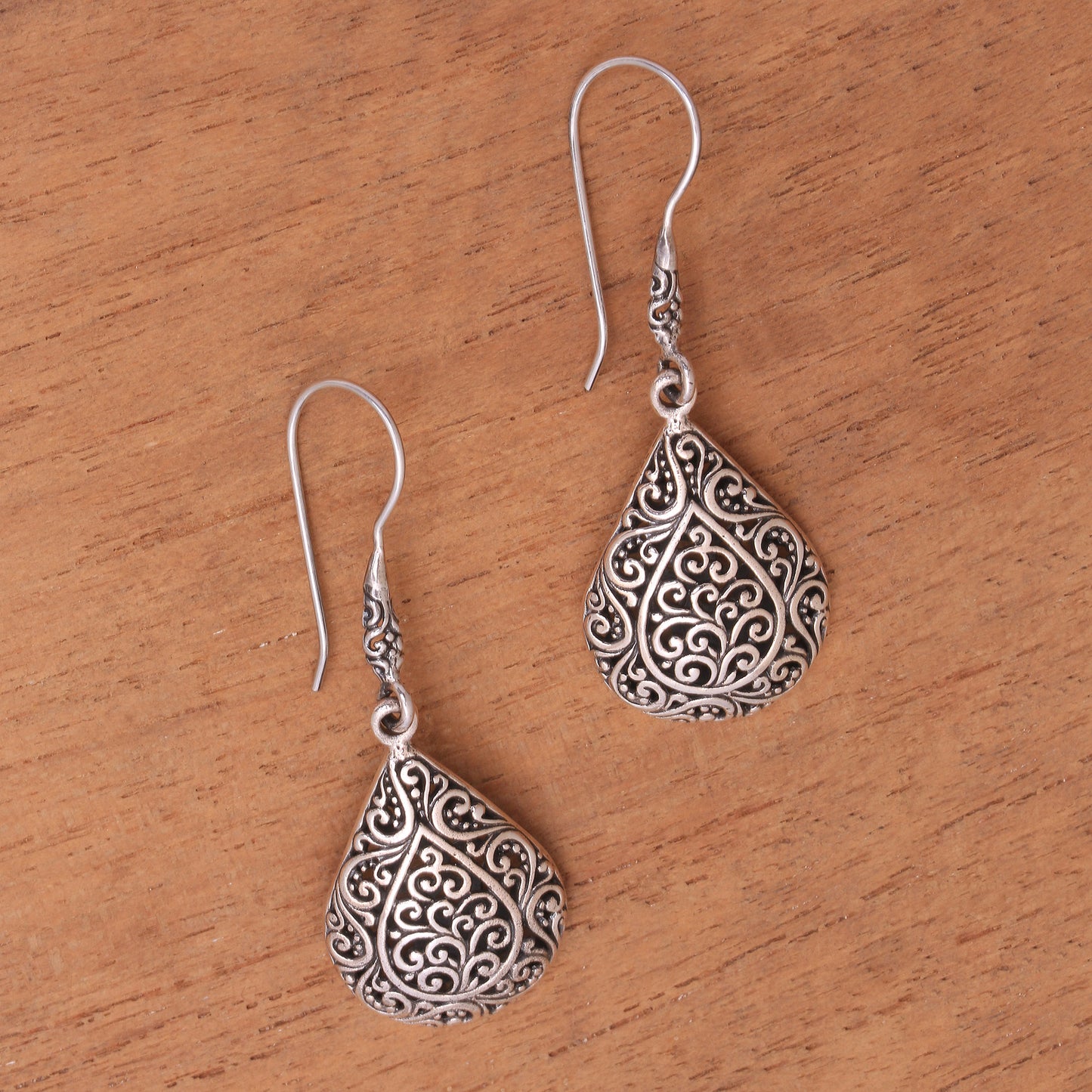 Rain Blossoms Sterling Silver Scroll Work Raindrop Dangle Earrings