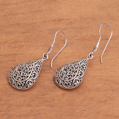 Rain Blossoms Sterling Silver Scroll Work Raindrop Dangle Earrings