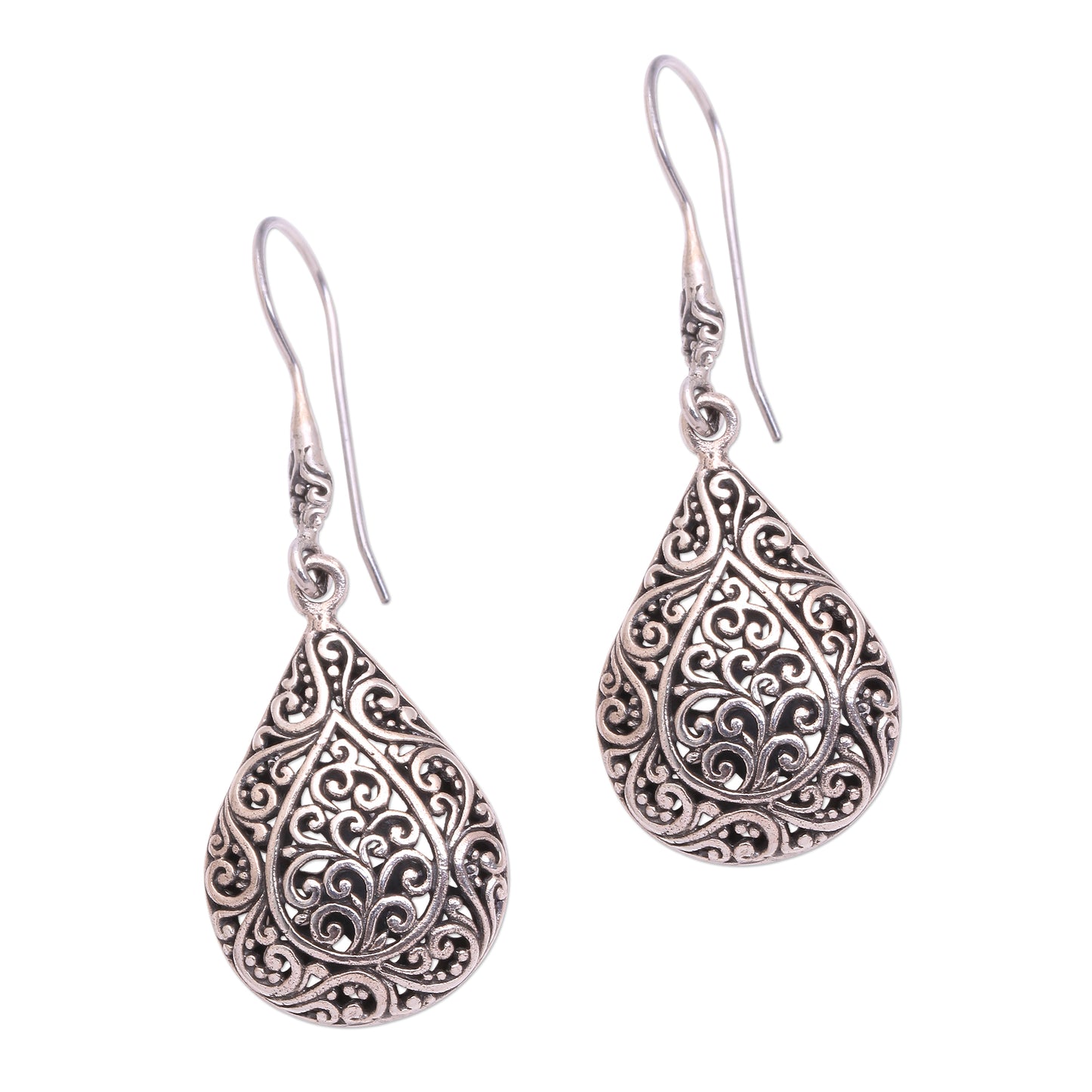 Rain Blossoms Sterling Silver Scroll Work Raindrop Dangle Earrings