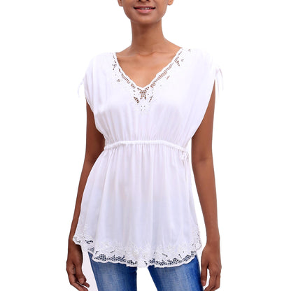 Floral Flirt in White Floral Embroidered Rayon Blouse in White from Bali