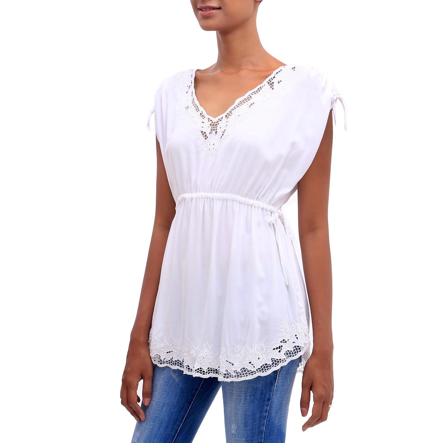 Floral Flirt in White Floral Embroidered Rayon Blouse in White from Bali