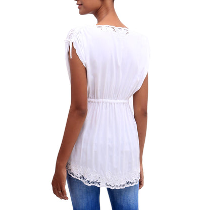 Floral Flirt in White Floral Embroidered Rayon Blouse in White from Bali