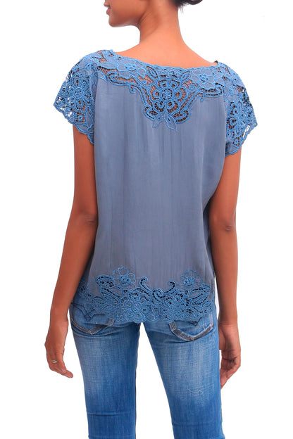 Blue Spruce Kusuma Floral Embroidered Rayon Blouse in Blue from Bali