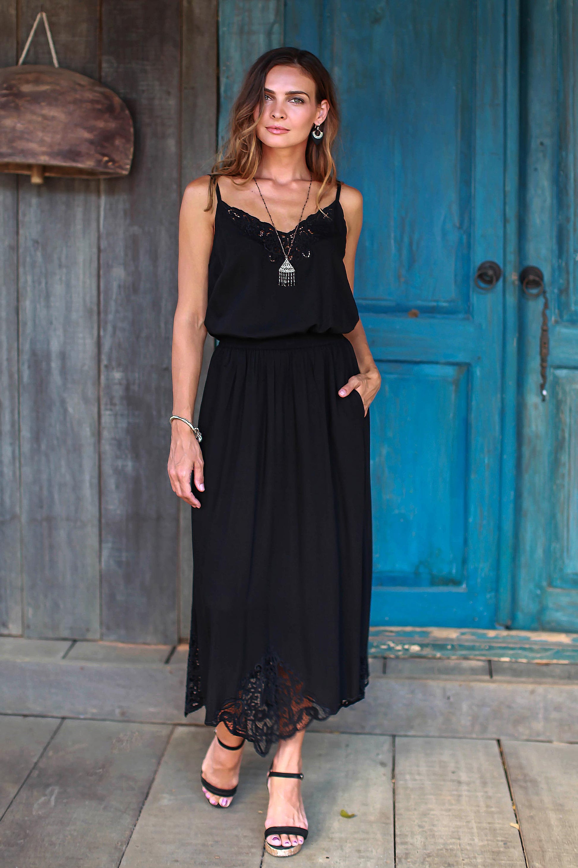 NOVICA Juwita Style Hand-Embroidered Rayon Midi Skirt in Onyx from