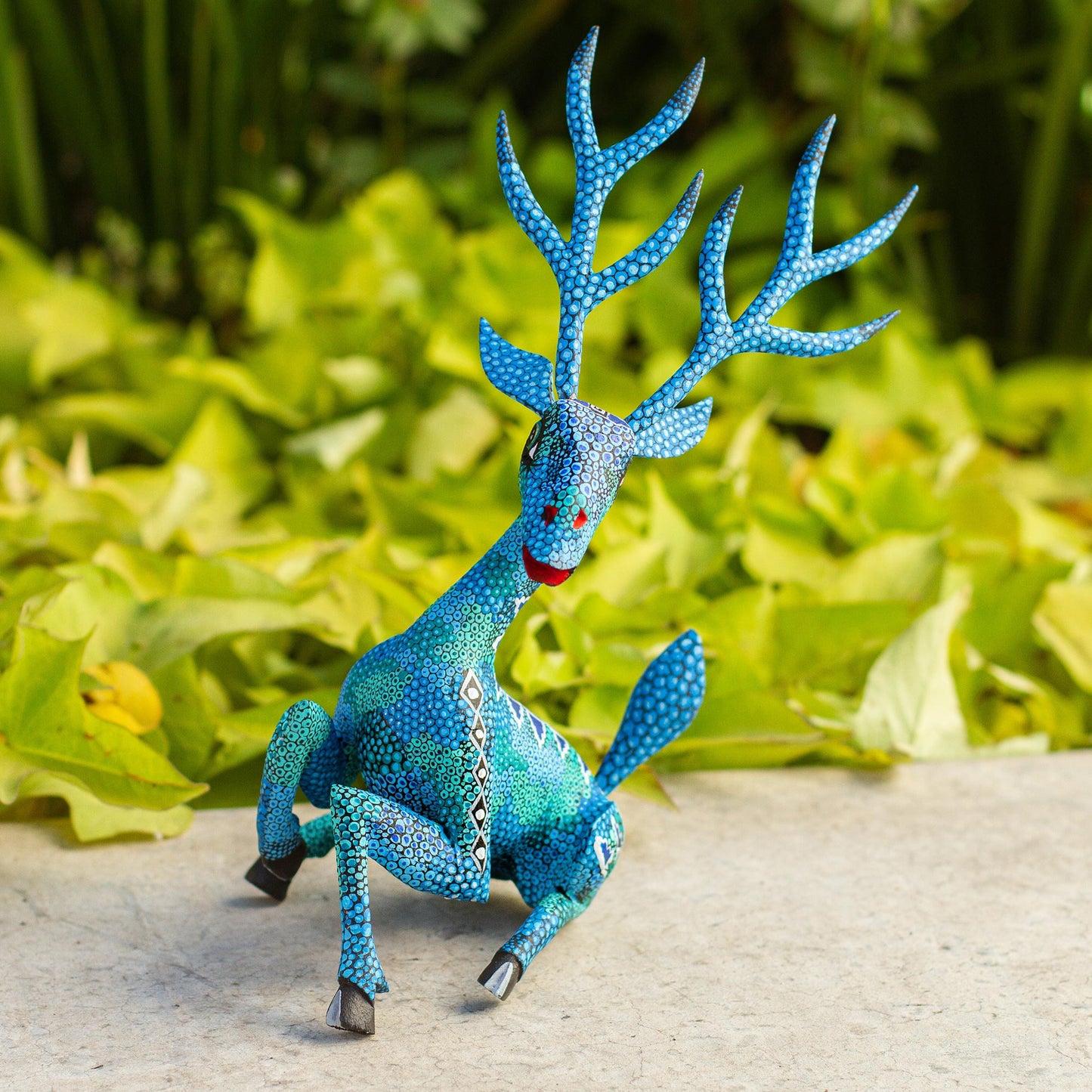 Resting Deer Hand-Painted Wood Alebrije Deer Sculpture in Blue