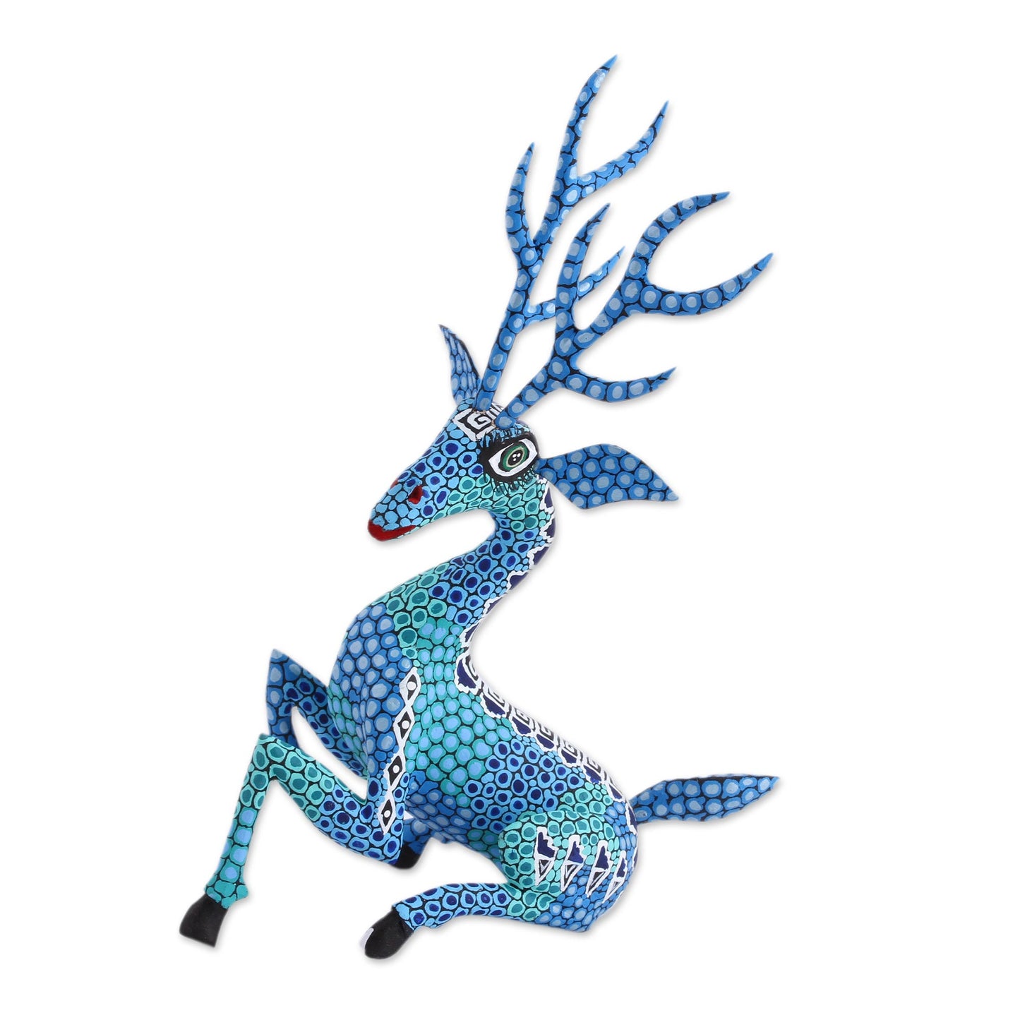 Resting Deer Hand-Painted Wood Alebrije Deer Sculpture in Blue