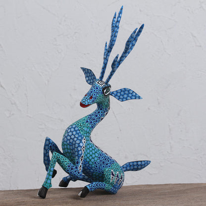 Resting Deer Hand-Painted Wood Alebrije Deer Sculpture in Blue