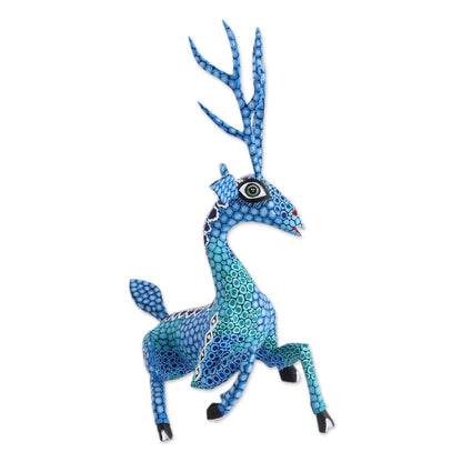 Resting Deer Hand-Painted Wood Alebrije Deer Sculpture in Blue