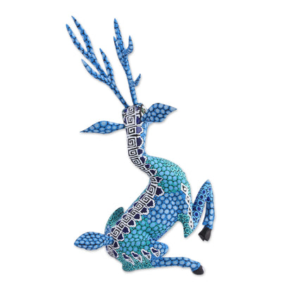 Resting Deer Hand-Painted Wood Alebrije Deer Sculpture in Blue