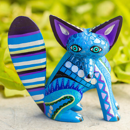 Cool Fox Handcrafted Wood Alebrije Fox Sculpture in Blue from Mexico