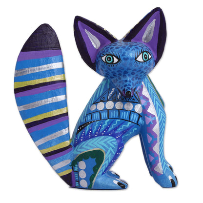 Cool Fox Handcrafted Wood Alebrije Fox Sculpture in Blue from Mexico