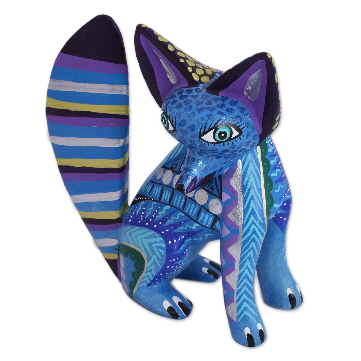 Cool Fox Handcrafted Wood Alebrije Fox Sculpture in Blue from Mexico