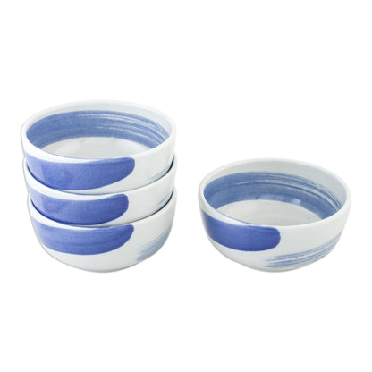 Blue Winds Handcrafted Blue and White Ceramic Set of Four Bowls