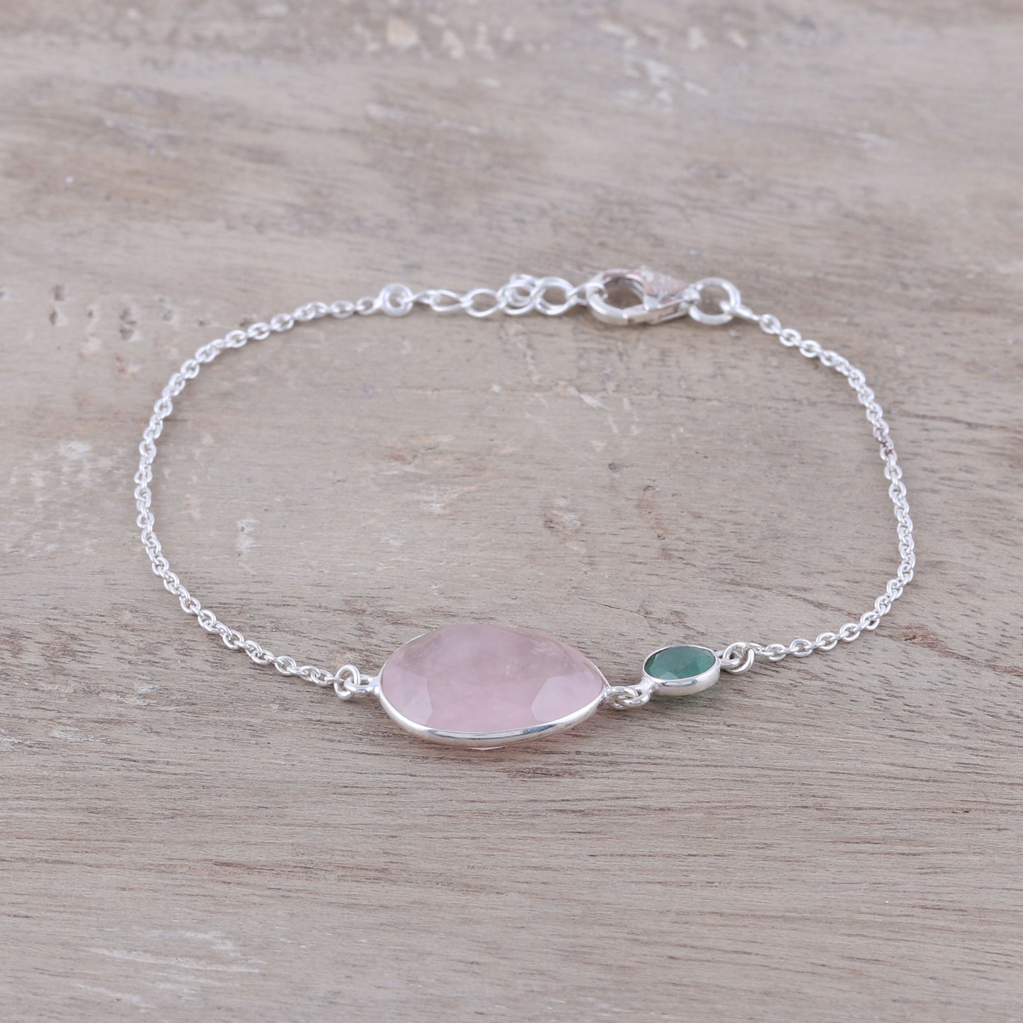 Crystal Shimmer Sterling Silver Rose Quartz and Aventurine Pendant Bracelet