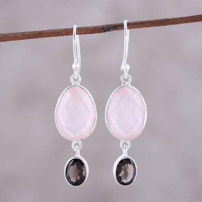 Pretty Pairing Rose Quartz and Smoky Quartz Dangle Earrings from India