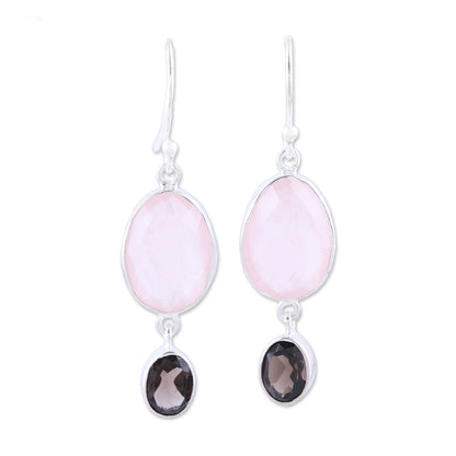 Pretty Pairing Rose Quartz and Smoky Quartz Dangle Earrings from India