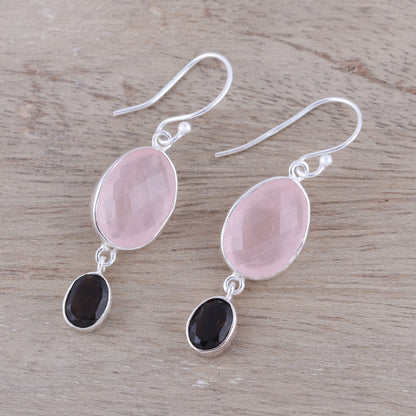 Pretty Pairing Rose Quartz and Smoky Quartz Dangle Earrings from India