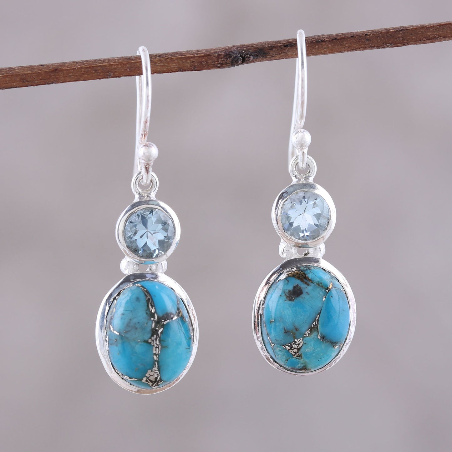 Tidal Dream Blue Topaz and Composite Turquoise Dangle Earrings