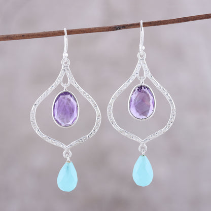 Divine Duo Amethyst and Chalcedony Dangle Earrings from India