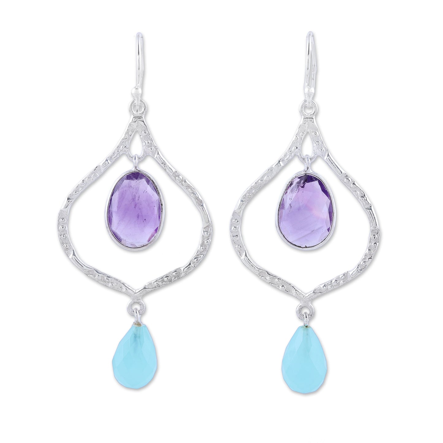 Divine Duo Amethyst and Chalcedony Dangle Earrings from India