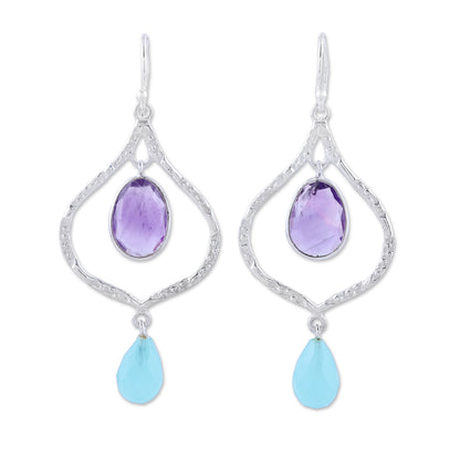 Divine Duo Amethyst and Chalcedony Dangle Earrings from India