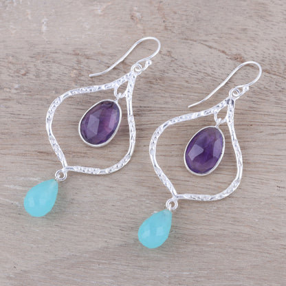 Divine Duo Amethyst and Chalcedony Dangle Earrings from India