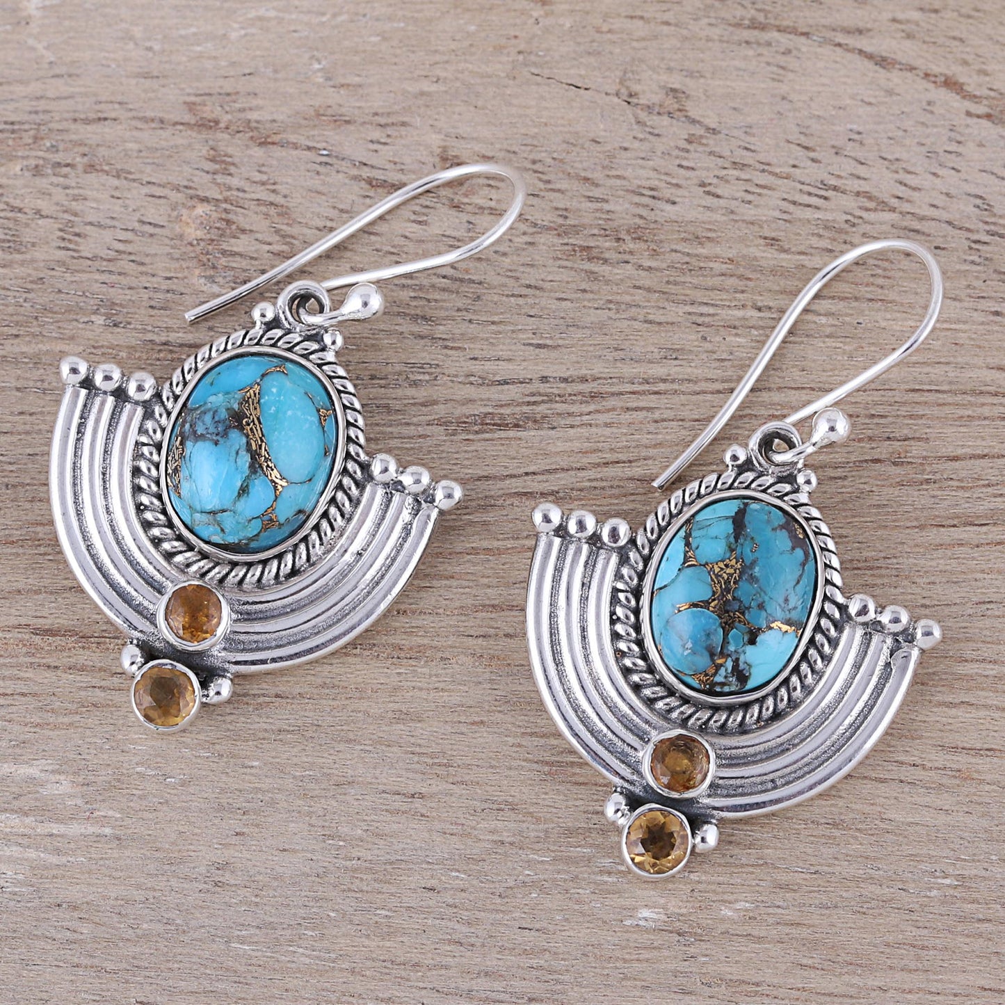 Blue Flame Citrine and Blue Composite Turquoise Dangle Earrings