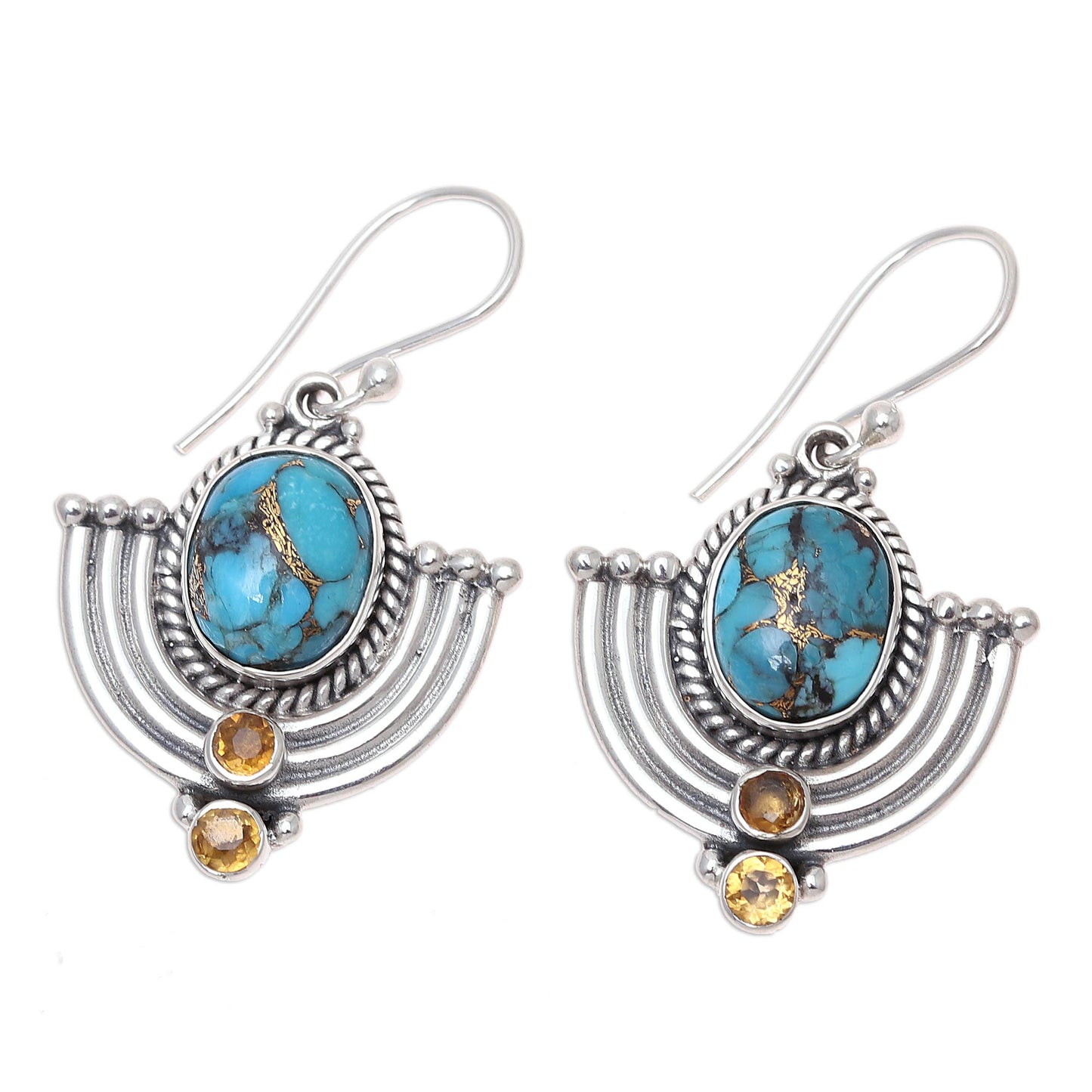 Blue Flame Citrine and Blue Composite Turquoise Dangle Earrings