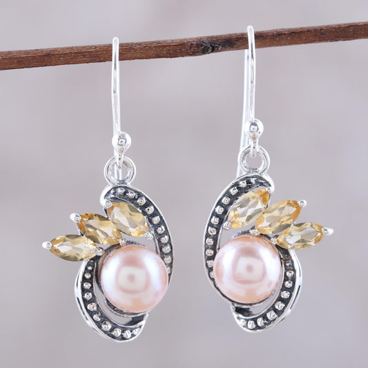 Eternal Essence in Peach Peach Cultured Pearl and Citrine Dangle Earrings from India