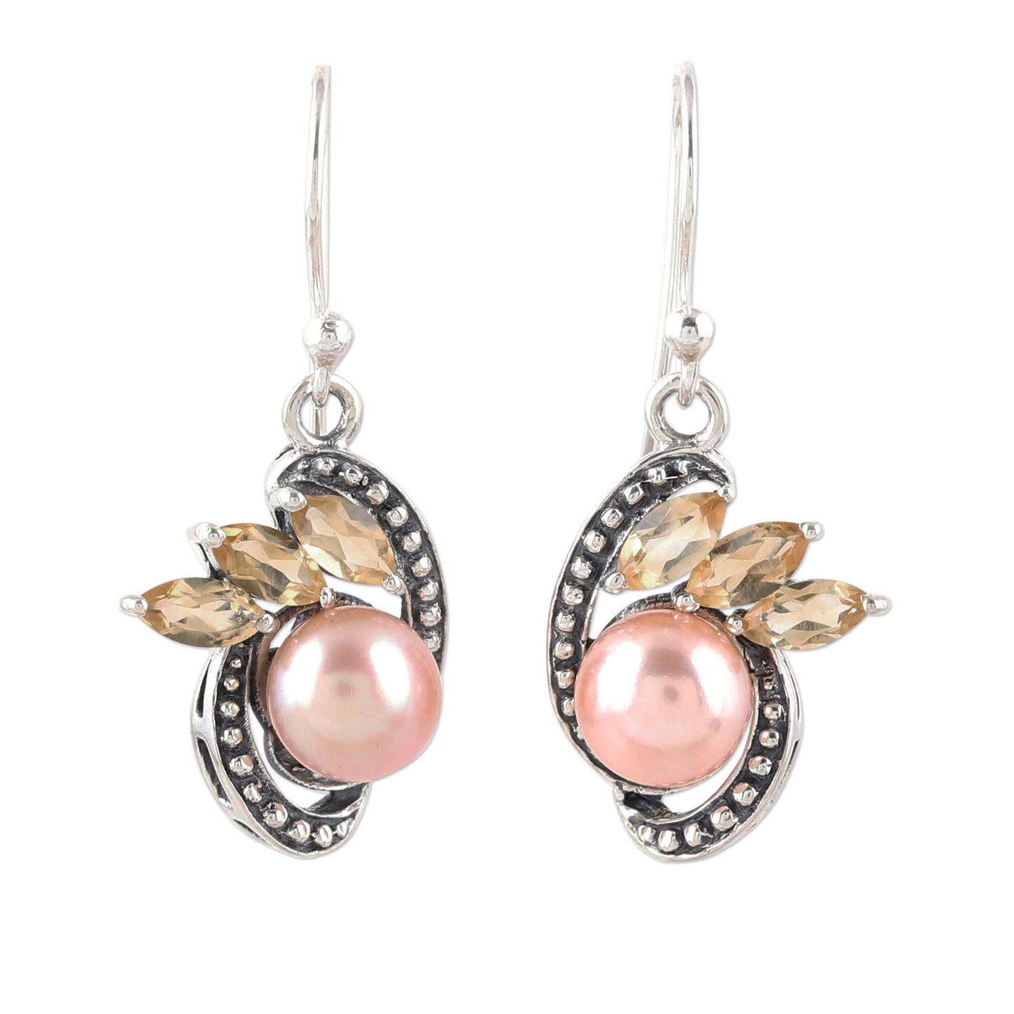 Eternal Essence in Peach Peach Cultured Pearl and Citrine Dangle Earrings from India