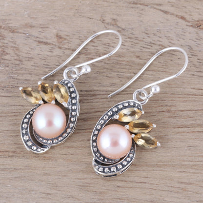 Eternal Essence in Peach Peach Cultured Pearl and Citrine Dangle Earrings from India