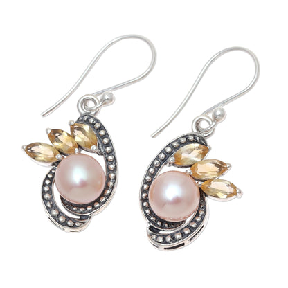 Eternal Essence in Peach Peach Cultured Pearl and Citrine Dangle Earrings from India