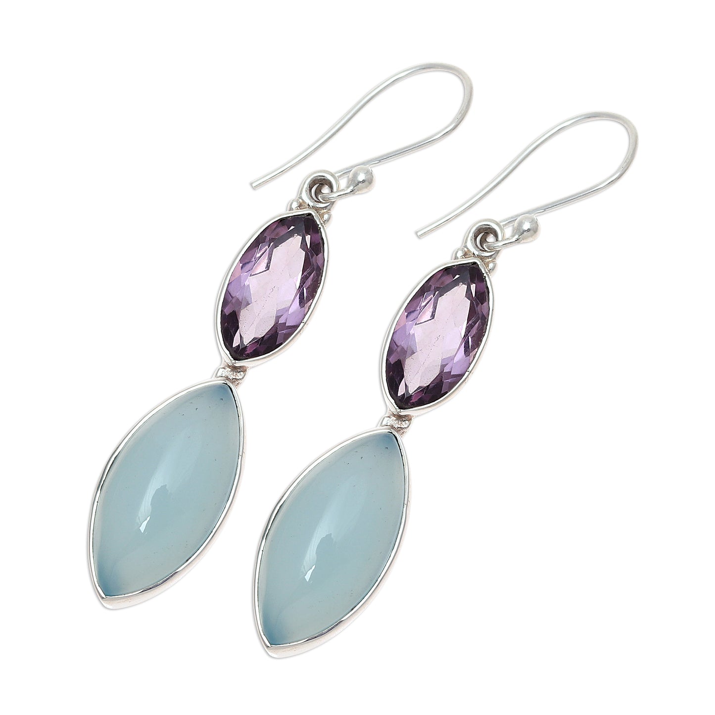 Luxurious Glow Sterling Silver Blue Chalcedony Amethyst Dangle Earrings