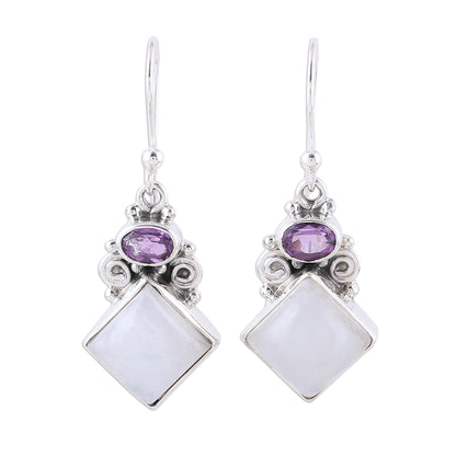 Cloud Fragments Sterling Silver Rainbow Moonstone Amethyst Dangle Earrings